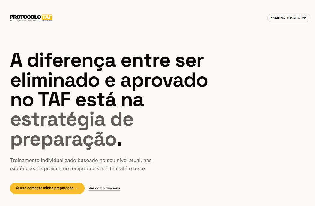 Print da página de vendas criada para o cliente, com título sobre a diferença entre ser eliminado e aprovado no TAF