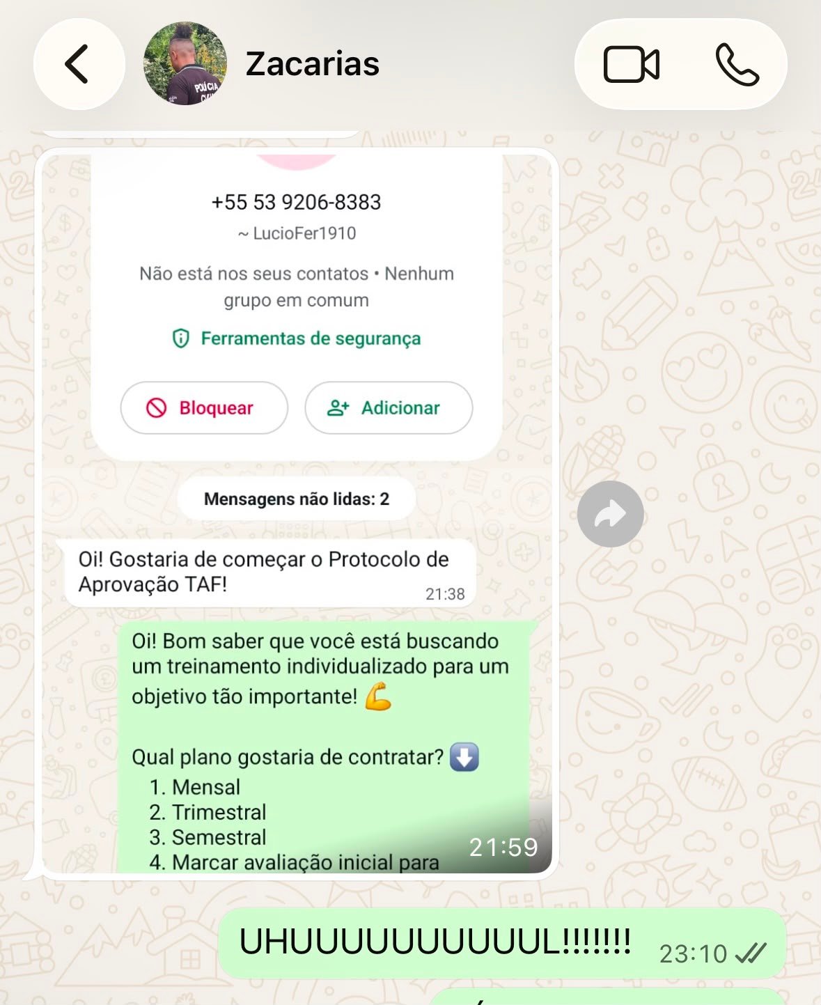 Print de conversa no WhatsApp com o primeiro contato de um cliente vindo da página